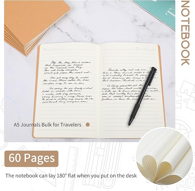 miikoul 100 Pack A5 Kraft Paper Notebook Lined Journal Bulk, 8.3 X 5.5 Inch, 60 Pages/30 Sheets, 80gsm, Travel Notebook Notepad for Adult, Students, Gift, Office, Back to School Supplies