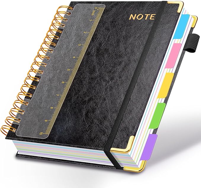 Hardcover Spiral Notebooks for Work 8.5''x 11'', 300 Pages 5 Subject Notebook with Dividers & Tabs, A4 Spiral Journal for Women, College Ruled Notebooks for School Note-Taking (Black)