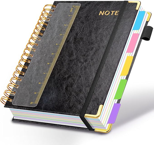 Hardcover Spiral Notebooks for Work 8.5''x 11'', 300 Pages 5 Subject Notebook with Dividers & Tabs, A4 Spiral Journal for Women, College Ruled Notebooks for School Note-Taking (Black)