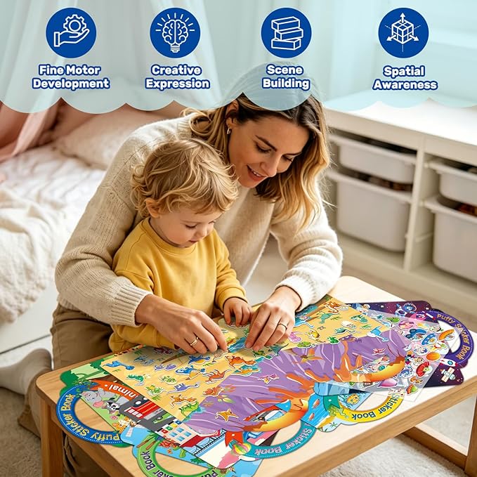 Elfew 6Pack Reusable Sticker Books for Toddlers 2-4, 3D Puffy Sticker Books for Kids Ages 1-3 3-5 with 6 Themes, Waterproof Mess-Free Sticker Activity Book, Travel Toys Birthday Gifts for Boys Girls