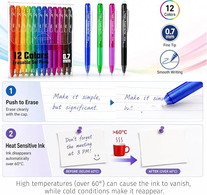 sunacme Retractable Erasable Gel Pens, 12 Color Fine Point Erasable Pens Clicker, Make Mistakes Disappear, Assorted Ink for Drawing, Writing, Planner & Crossword Puzzles (0.7mm, Pack of 12)
