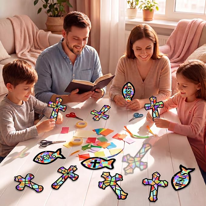 48PCS Sunday School VBS Crafts Bulk: Paper Cross Fish Nativity Suncatchers, Jesus Religious Christian Activity DIY Kits Church Decorations, Window Stained Glass Effect Art Supplies