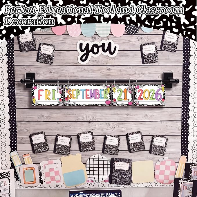 TecUnite Composition Magnetic Adjustable Flip Calendar Bulletin Board Set Back to School Magnetic Rod Calendar Holder 2026-2029 Year Includes 54 Date Cards for Whiteboard Composition Classroom Decor