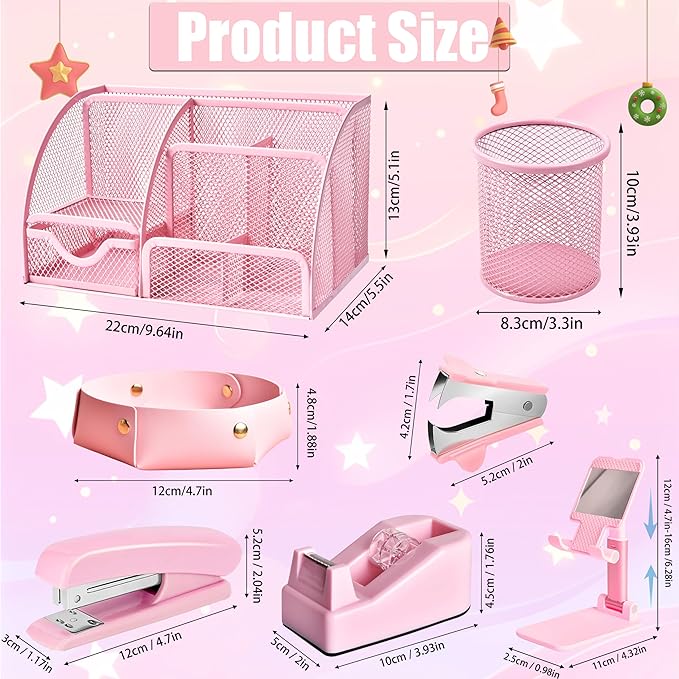 Pink Desk Accessories, 24Pcs Pink Office Supplies and Desk Organizers, with Tape Dispenser, Stapler, Staple Remover, Ect, Gift Box Packaging