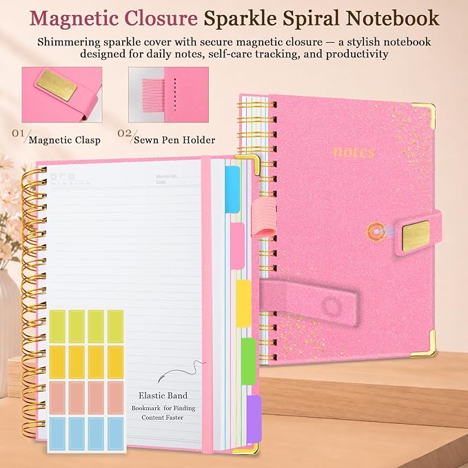 Spiral Notebook Journal 6.2''x 8.2'' 5 Subject Notebook with Dividers, 300 Pages Notebook College Ruled with Magnetic Closure, A5 Tabbed Notebooks for Work School, Sparkle Journal for Women (Pink)