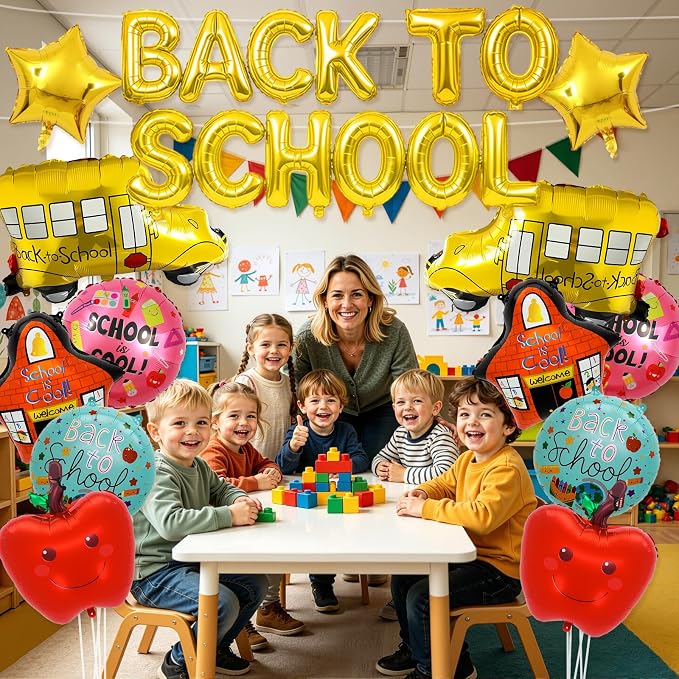 Back to School Balloons,Back to School Decorations,Letter Balloons Banner | 24PCS Back to School Balloon with School Bus,School,Apple,Round, Star Balloons for Classroom,Kindergarten,First Day of School