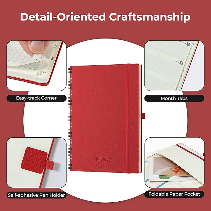 Planner 2026-2027 Daily Weekly and Monthly,11.5"x8.5",18 Months Spiral Bound Calendar Agenda with Self-adhesive Pen Holder,2026 Academic Plan with Vegan Leather Soft Cover,Red