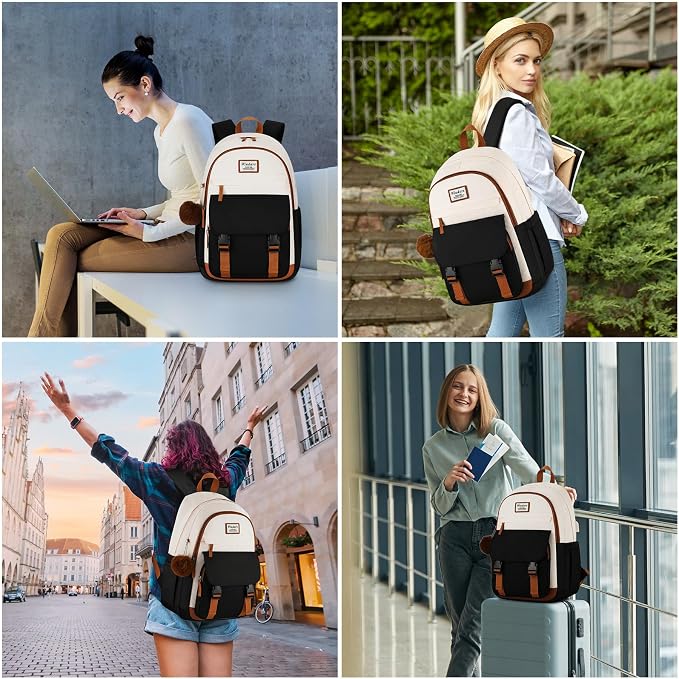 WINDARS School Backpack for Teen Girls, Cute College Backpacks for Women Students Aesthetic Bookbag Large 15.6 Inch Laptop Bag Middle School Travel Back Pack (Beige-Black-Brown)