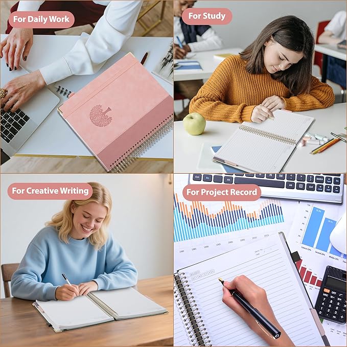 Yoment Hardcover Spiral Notebook 8.5" x 11" Pink 5 Subject Notebook College Ruled with Dividers Tabs 300 Pages Large Leather Spiral Journal Notebooks for Work School Note-Taking Business