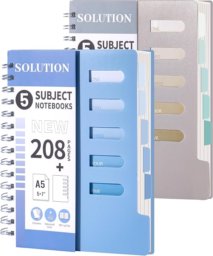 FLYING EAGLE 2 Pcs 5 Subject Notebook College Ruled Small Spiral Notebook 5x7 with Dividers Tabs Waterproof Plastic Cover Thick Paper Notebooks for Work School, Blue+Grey