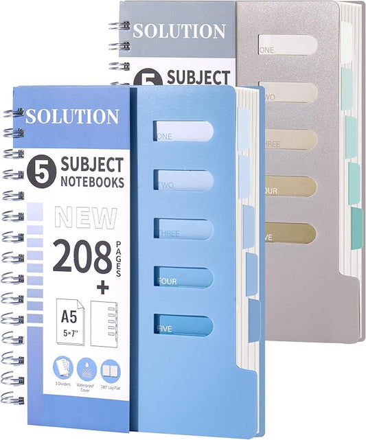FLYING EAGLE 2 Pcs 5 Subject Notebook College Ruled Small Spiral Notebook 5x7 with Dividers Tabs Waterproof Plastic Cover Thick Paper Notebooks for Work School, Blue+Grey