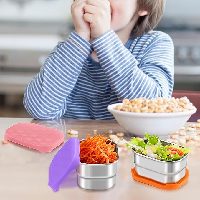HaWare 8 oz Stainless Steel Snack Containers for Toddlers and Kids, Leak Proof Food Storage Containers with Silicone Lids, Stackable & Reusable Small Metal Lunch Box for Daycare and School- 3 Packs