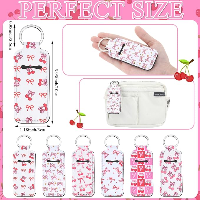 12 Pcs Pink Bow Cherry Lipstick Holder Keychain Bulk Cute Pocket Lip Balm Holder Keychain Backpack Purse Accessories for Women Lip Gloss Sleeve Pouch, 6 Style