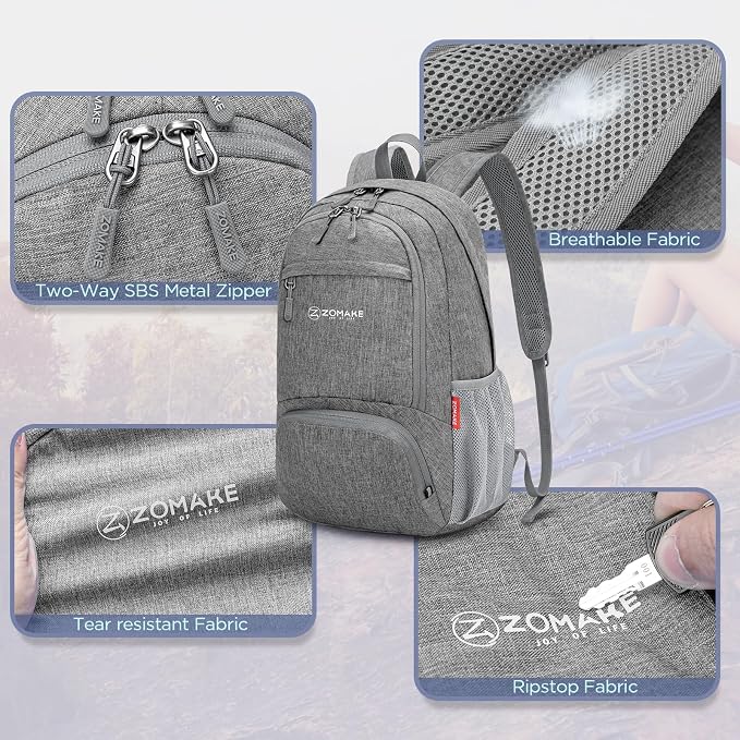 ZOMAKE Lightweight Packable Backpack, 20L Small Foldable Daypack for Hiking | Water Resistant Collapsible Backpacks for Women Men, Everyday Carry, Multi Compartment Storage, Adjustable Strap(Grey B2)