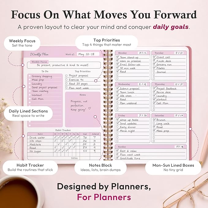 Undated Weekly Planner & Notebook for Work, School & Home — Aesthetic Hardcover Spiral Blank Planner with Habit Tracker, Goal Organizer & To Do List — 124 No-Bleed Pages, 6.4×8.5", Pink