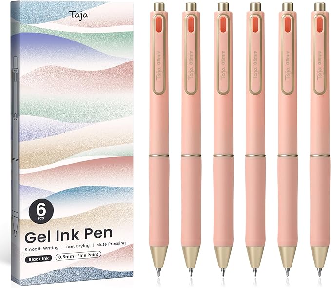Taja Gel Pens, 6 Pcs Quick Dry Black Gel Ink Pens, 0.5mm Fine Point Smooth Writing Pens for Journaling and Note Taking, Cute Aesthetic Pens for Women & Men-Pink