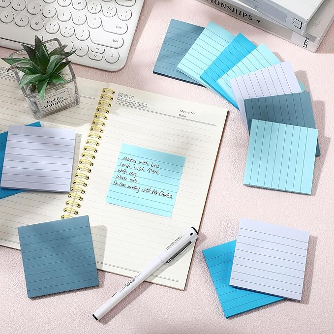 AmazingSpark 12 Pack Blue Lined Sticky Notes 3x3 inch Post Ruled Stickies Super Self Stick Power Memo Pads Multi Colors Notes Pads Vintage Aesthetic School Office Supplies Accessories