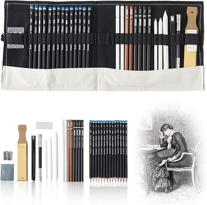 Professional Sketching Pencil Set with Full Hardness Range (3H–14B) – Graphite & Charcoal Pencils with Portable Canvas Pouch