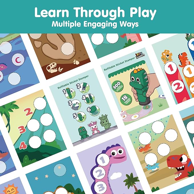 iPlay, iLearn Kid Dinosaur Sticker Stamp Set - 400+ Stickers 18-Page Activity Book, Toddler Creative Mess-Free Art Craft Educational Travel Toy, Birthday Easter Basket Gifts 3 4 5 6 Year Old Girl Boy
