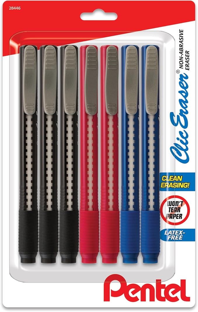 Pentel Clic Eraser Grip Retractable Eraser with Grip Office Barrel Colors (Black, Red, Blue) 7 Pack