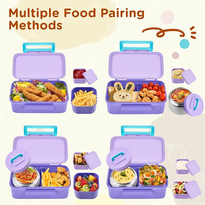 MAISON HUIS Bento Box for Kids with 8oz Soup Thermo, Insulated Lunch Bag & 17oz Water Bottle, 2-Compartment Bento Box with Built-In Ice Pack, Leak-Proof & BPA-Free (Purple)
