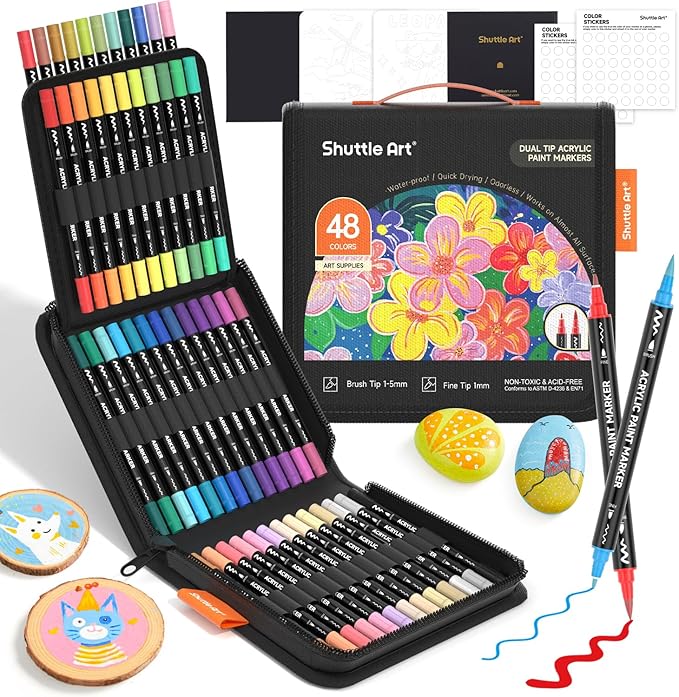 Shuttle Art 48 Colors Dual Tip Acrylic Paint Markers, Brush Tip and Fine Tip Acrylic Paint Pens for Rock Painting, Ceramic, Wood, Canvas, Plastic, Glass, Stone, Calligraphy, Card Making, DIY Crafts