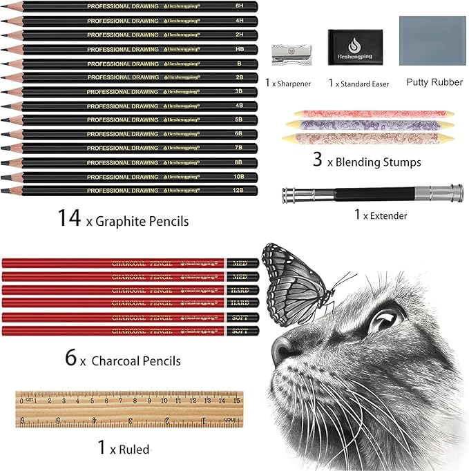 Heshengping Drawing Pencils Sketch Pencil Art Supplies Set for Adults beginners Professional Sketching Art Graphite Charcoal Blending Stump Pencils kit