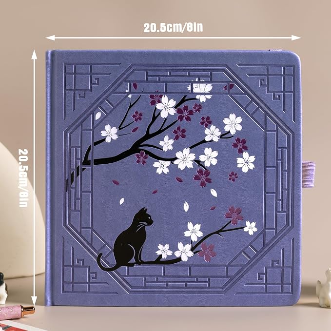 TIEFOSSI Square Dotted Journal, Cute Cat Journal for Women Girls, Dot Notebook with Pretty Sakura Pattern, Aesthetic Diary for Writing Journaling Drawing, Golden Edges, 8 x 8 IN