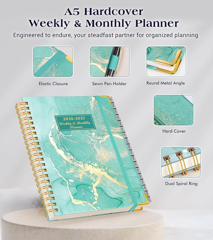 Planner 2026-2027, 18 Months Weekly and Monthly Hardcover Planner, January 2026 - June 2027, 5.75" x 8.38" A5 Daily Calendar Planner Book with Tabs, Spiral Yearly Agenda Organizer Notebook for School Work Home, Teal Marble