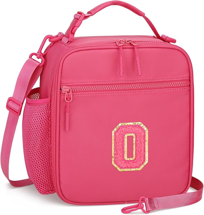 Initial Insulated Lunch Bag for Girls Kids, Back to School Gift, Reusable Leak-proof Lunch Box with Adjustable Strap for School Daycare Travel Picnic (Rosy Red,O)