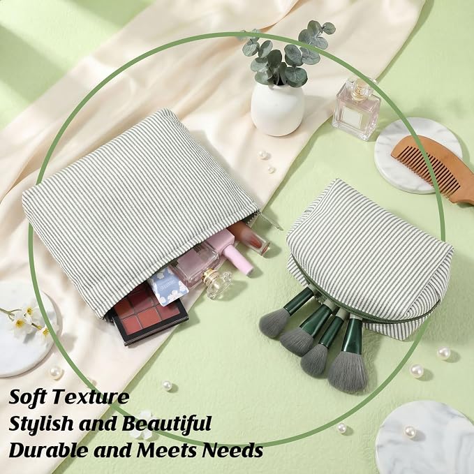 Huhumy 2 Pcs Makeup Bag Set for Women, Bean Green, Thin Striped Seersucker | Cute Cosmetic Pouch Women Travel Toiletry Bag Preppy Small Makeup Purse Pouch Aesthetic Skincare Brushes Storage Organizer