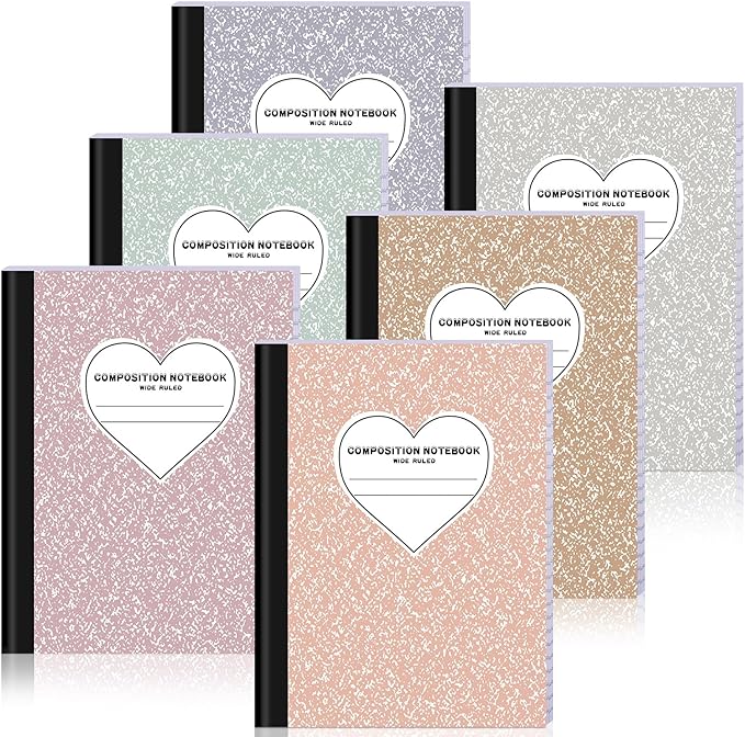 FOGWOWO 6 Pack Marble Composition Notebook Wide Ruled,Pastel Boho Composition Notebooks Bulk,Assorted Colors Back to School Marble Notebooks 80 Pages (40 Sheets) 9.75x7.5 Inches
