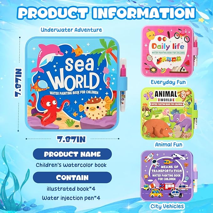 YoPoll Water Painting Book for Kids, Reusable Magic Water Coloring Book with Water Pen, No Mess Water Reveal Coloring Book, Travel Activity Toy for Toddlers Ages 3–6