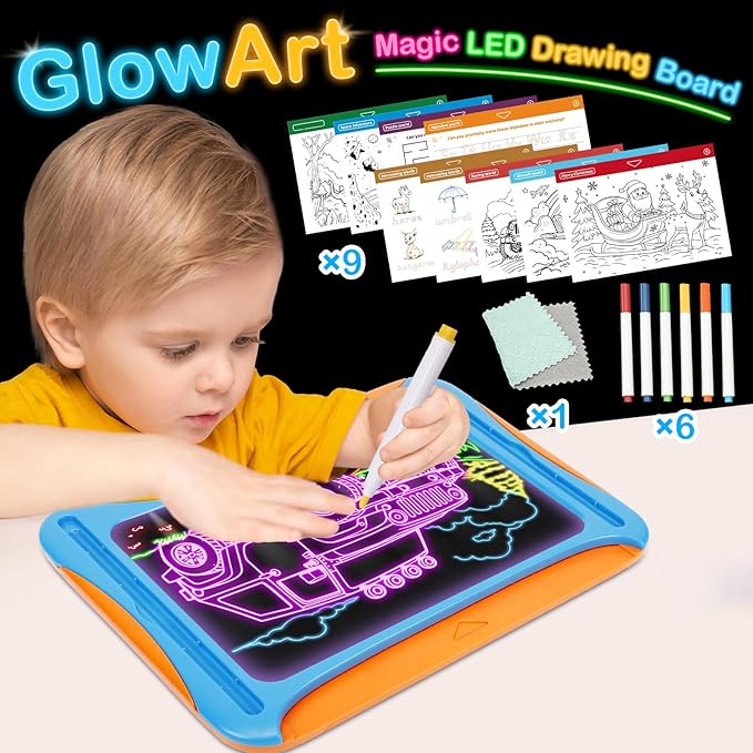 YUBALEER Magic LED Drawing Board for Kids, Toys for Boys Ages 5-7, Light Up Tracing Pad with 9 Double-Sided Cards, 6 Washable Pens, Glow Up Toys for Kids 4-6 Year Old Christmas Birthday Gifts