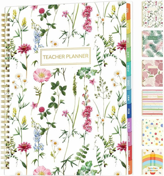 SUNEE Teacher Planner 2026-2027 Academic Year, 7 Periods Lesson Plan Book Jul 2026 - Jun 2027, 8.5"x11"Daily Weekly Monthly Organizers Horizontal Layout with Calendars, Bookmark, Tabs, Wildflowers