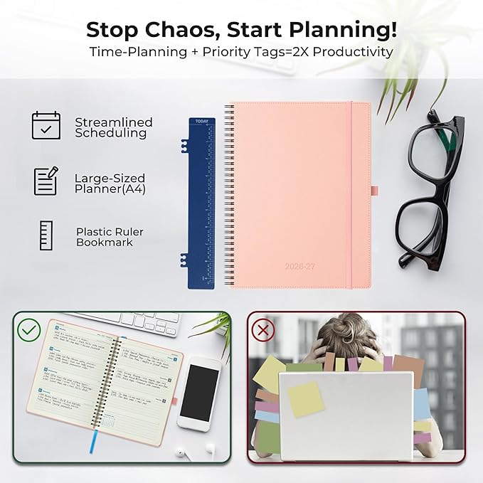 Planner 2026-2027 Daily Weekly and Monthly,11.5"x8.5",18 Months Spiral Bound Calendar Agenda with Self-adhesive Pen Holder,2026 Academic Plan with Vegan Leather Soft Cover,Pink