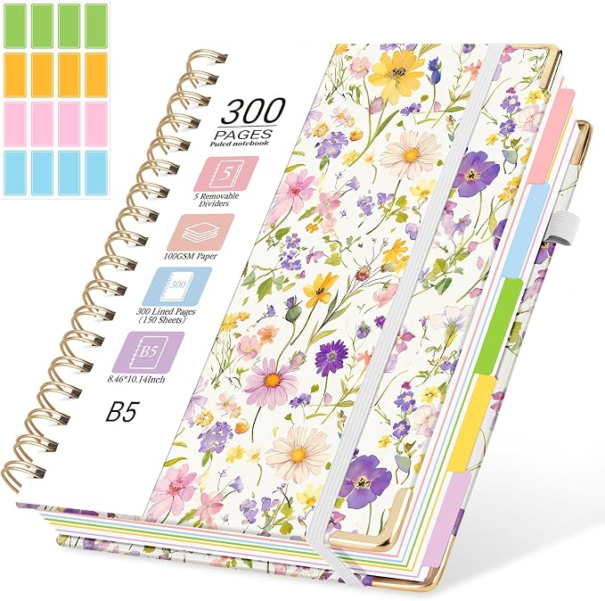 Hardcover Spiral Journal Notebook, 300 Pages 5 Subject Notebook College Ruled with Removable Dividers Tabs, 8" x 10" Notebooks for Work, Spiral Ruled Lined Writing Journal Hardcover Leather Notebook for School (Colorful Floral, 8''x 10'')