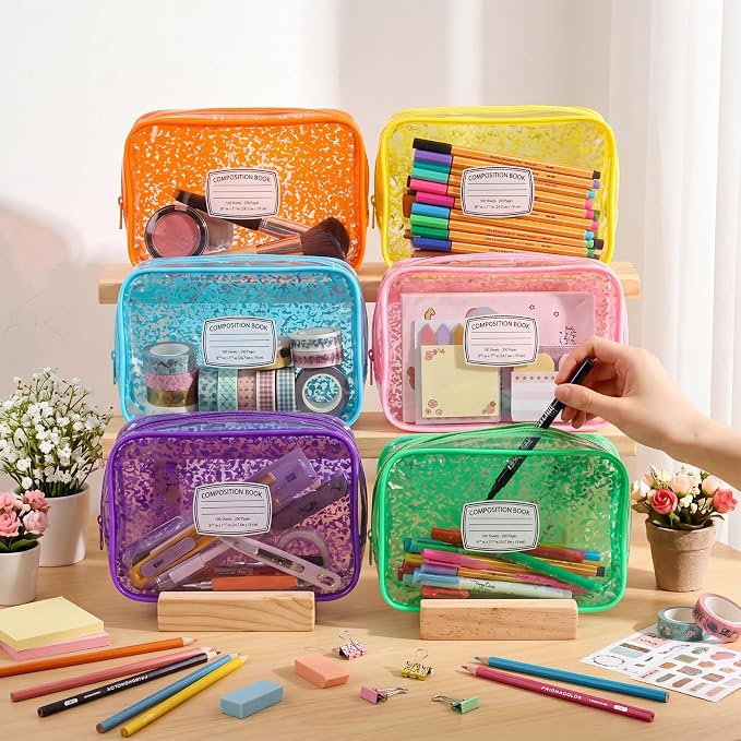 Suclain 12 Pcs Back to School Teacher Gift, Teacher Survival Kit Bag, Colorful Composition Book Zipper Cosmetic Pouches, Transparent PVC Pencil Case Waterproof Toiletry Makeup Bag for School Supplies