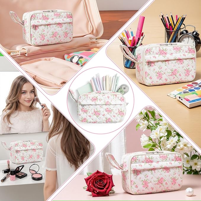 WOBAGMEN Quilted Pencil Pouch for Girls Women, Large Pencil Case Pouch with Compartments Cute Aesthetic Pencil Case Organizer, Floral Pencil Bag for School Supplies (big pink floral)