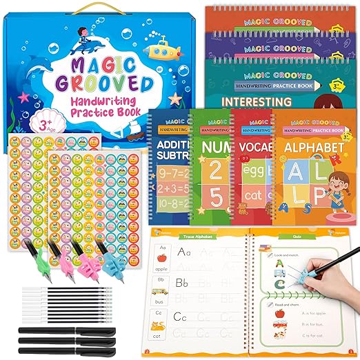 Magic Grooved Handwriting Practice Kindergarten Workbooks for Kids Ages 3-5, Reusable Busy Book, Motor Magic Happy Writer System Toddler Learning Activities Writing Books with Pencil Grips