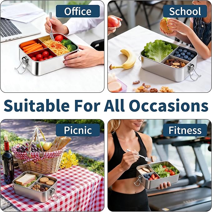 TeamFar Stainless Steel Bento Box, 81oz/2400ML Metal Lunch Box with Leak-Proof Lid for Adults/Kids, Lunch Food Containers with 3 Compartments for School/Work/Meal Prep, Heavy Duty & Dishwasher Safe