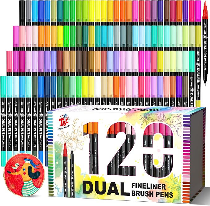 Brush Pens for Adult Coloring Books, 120 Colors Dual Tip Art Markers – Fine Tip for Outlining + Brush Tip for Coloring, Water-Based Non-Bleeding Markers for Journaling, Calligraphy, Hand Lettering