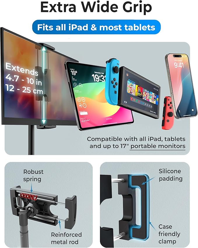 COOPER TabStand, 20" Tall iPad Stand for Desk, Portable Monitor Holder up to 17" Holds 4.4lb, Desktop Tablet Stand, Tablet Mount, Apple iPad Holder for Desk, for Samsung, Kindle, Fire (Frost White)
