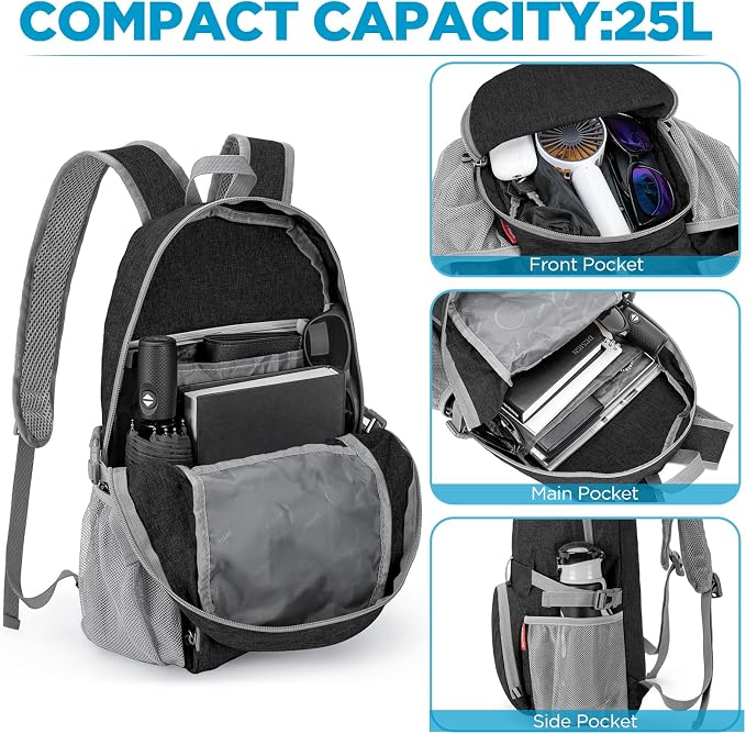 ZOMAKE Lightweight Packable Backpack, 25L Small Foldable Daypack for Hiking | Water Resistant Collapsible Backpacks for Women Men, Everyday Carry, Multi Compartment Storage, Adjustable Strap(Black C1)