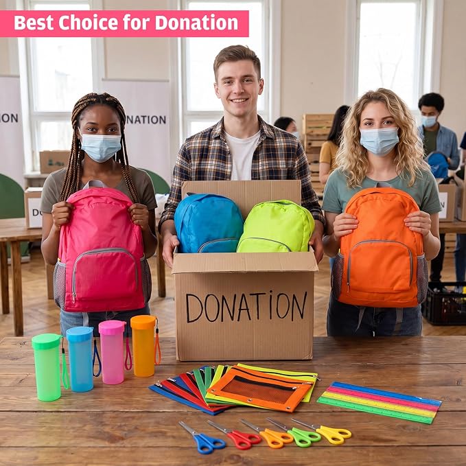 24 Sets Backpacks Bulk with School Supplies Include Sturdy Oxford Backpacks Water Bottles Pencil Pouches Scissors Rulers for Back to School Student Supplies Bulk Donation Gift Set(Simple)