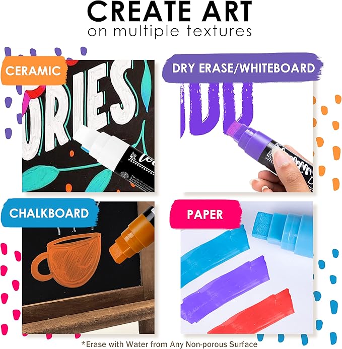 Loddie Doddie Jumbo Chalkboard Markers - 8 Pack, Multicolor, 15 mm Chisel Tip - Easy Erase Smudge Proof Chalk Markers - Bold Bright Colors For Chalk Art - Versatile Dry Erase Pens for Glass