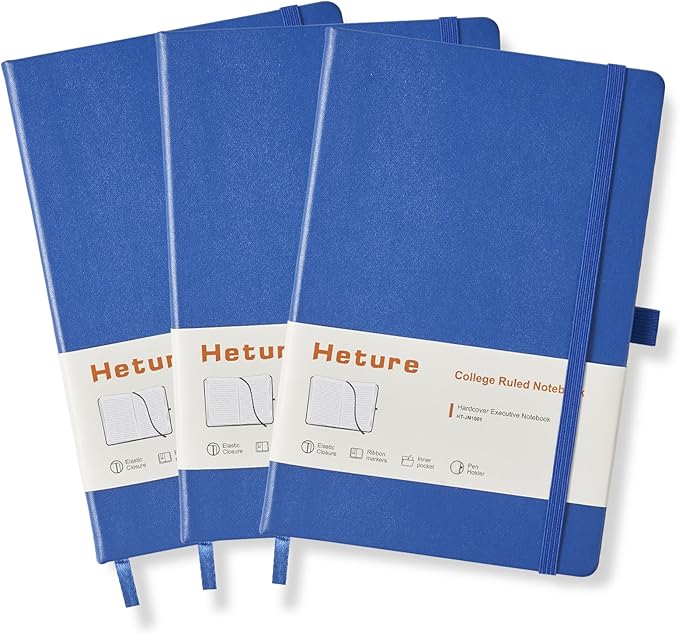 Heture Hardcover Notebooks, A5 Lined Journals Notebook for Writing 160 Pages, 8.2 x 5.5 inch, Classic Ruled Notebooks for College/Work/Travel (Lined-3 Pack, Blue)