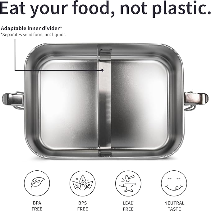Bambaw Stainless Steel Lunch Box 40 oz, Metal Lunch Box with Adjustable Compartment, Leakproof Stainless Steel Bento, Food Grade Metal Sandwich Container