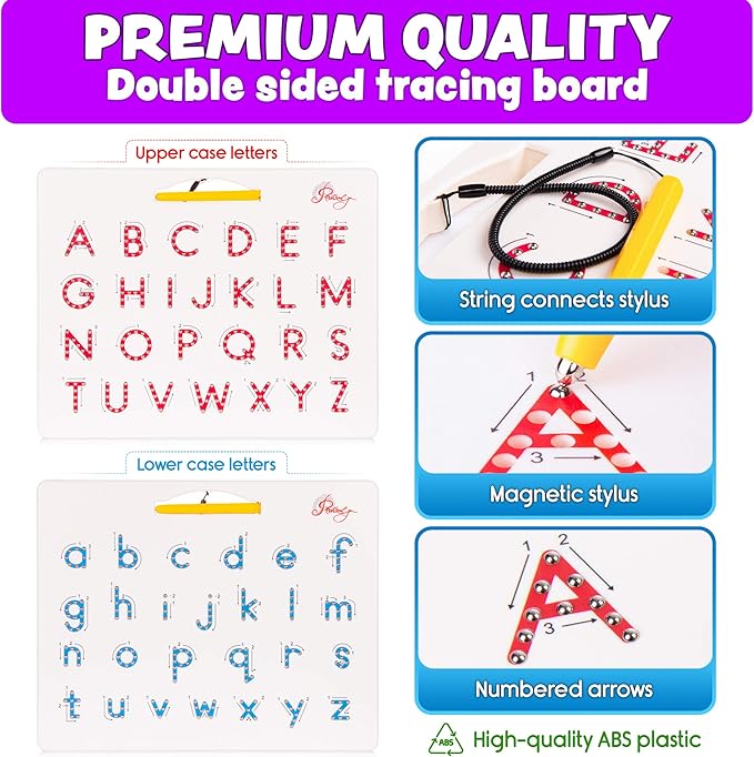 Povitrulya Magnetic Alphabet Tracing Board - double-sided upper & lower case Magnetic Drawing Board, ABC magnets for learn to write with magnetic pen, STEM toy letters learning, good for homeschooling