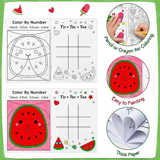 JAPBOR Watermelon Activity Coloring Books - 24PCS Mini Fruit Color Activities Book Bulk for Party Favor, Summer Watermelons Small DIY Colour Pages for Birthday Gifts Class Drawing Painting Games